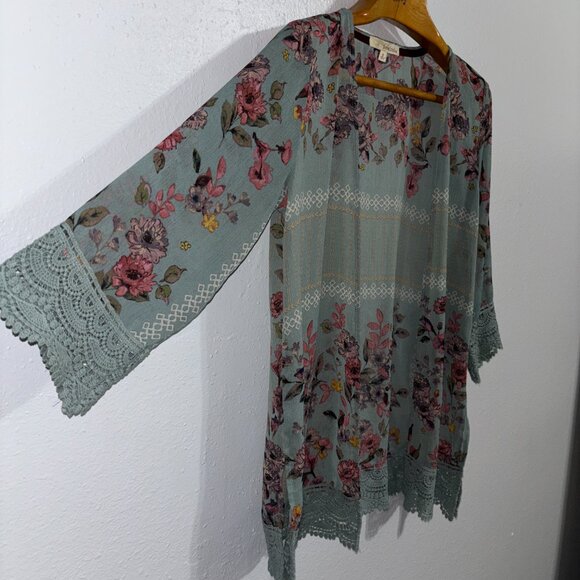Rewind Floral Kimono Cardigan Small Sage Green Crochet Lace Boho Semi-Sheer - Picture 5 of 11